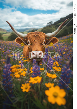 portrayal cow field wildflowers hills sky longhorn lupines 131614567