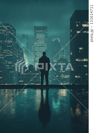 man rooftop cityscape downpour skyscrapers background stands overlooking 131614711