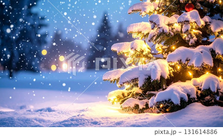 雪の中で輝く屋外のクリスマスツリー|幻想的な冬の背景 雪の中で輝く屋外のクリスマスツリー|幻想的な冬の背景 131614886