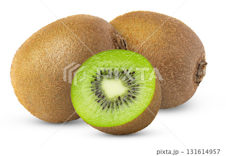 Two ripe whole green kiwis fruits and half of kiwi fruit isolated. Two ripe whole green kiwis fruits and half of kiwi fruit isolated. 131614957