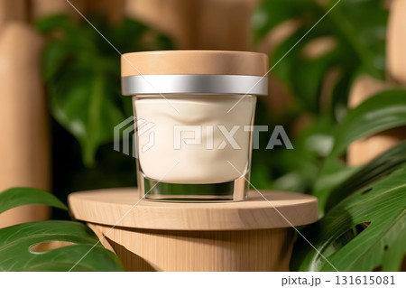 Cream Jar with Wooden Lid on Natural Background Surrounded by Green Leaves and Bamboo Cream Jar with Wooden Lid on Natural Background Surrounded by Green Leaves and Bamboo 131615081