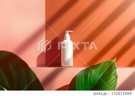 Minimalistic White Lotion Bottle Against Pink and Red Wall with Green Leaves 131615089