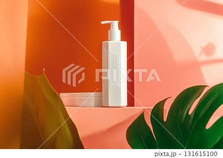 Minimalist White Lotion Bottle with Pump on Colorful Background and Tropical Leaves Minimalist White Lotion Bottle with Pump on Colorful Background and Tropical Leaves 131615100
