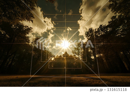 Radiant Sunburst Over Tree Line with Cloudy Sky and Dramatic Lighting Effects 131615118