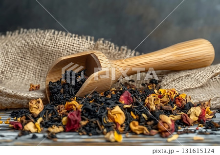 Colorful herbal tea blend with dried flowers and wooden scoop on textured background Colorful herbal tea blend with dried flowers and wooden scoop on textured background 131615124
