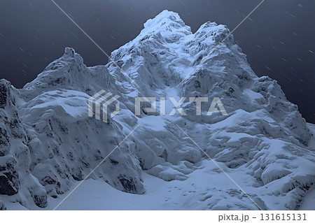 Majestic Snow-Covered Mountain Peaks Under Dark, Cloudy Sky with Falling Snow and Chill Atmosphere 131615131