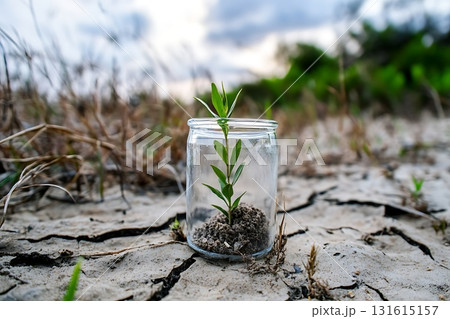 Green Plant in Glass Jar on Dry Cracked Earth Showcases Nature's Resilience and Hope 131615157