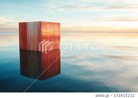 Serene Reflection of Wooden Block in Calm Water at Sunset with Colorful Sky Background 131615212