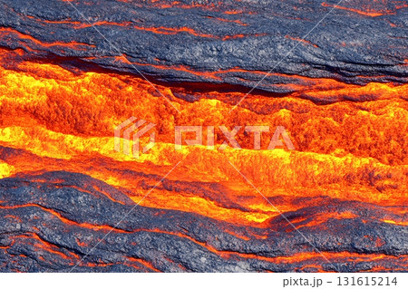 Flowing Lava in Bright Orange and Black Textures Creating Volcanic Landscape Flowing Lava in Bright Orange and Black Textures Creating Volcanic Landscape 131615214
