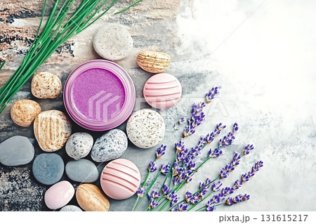 Aromatherapy Spa Products with Stones and Lavender for Relaxation and Wellness Treatment Aromatherapy Spa Products with Stones and Lavender for Relaxation and Wellness Treatment 131615217
