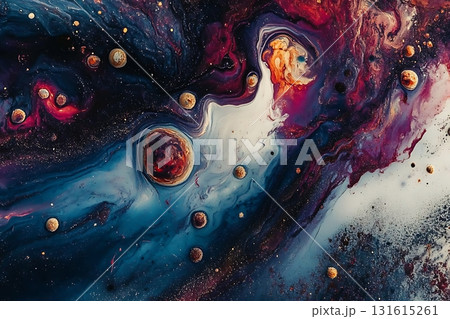 Colorful Abstract Cosmic Space with Vibrant Planets and Swirling Galactic Patterns Colorful Abstract Cosmic Space with Vibrant Planets and Swirling Galactic Patterns 131615261