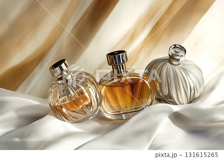 Elegant Display of Three Luxury Perfume Bottles on Soft Fabric Background 131615265
