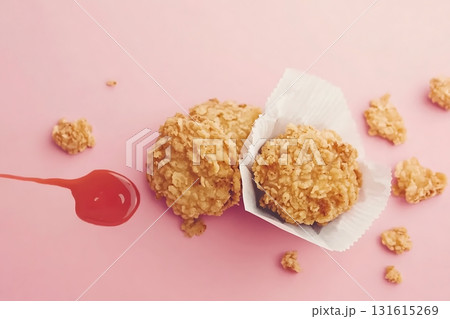 Crispy Fried Snack with Red Sauce on Soft Pink Background for Food Photography 131615269