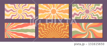 Retro sun burst spiral with groovy wave style set. Sunshine and orange yellow burst create a y2k swirl pattern, horizontal background and grunge set add artistic grungy texture. Retro sun burst spiral with groovy wave style set. Sunshine and orange yellow burst create a y2k swirl pattern, horizontal background and grunge set add artistic grungy texture. 131615650