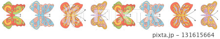 Groovy retro butterfly seamless border pattern in colorful spring style. Funky butterflies line up in a trendy y2k arrangement, creating a playful border for graphic pattern use or wallpaper art. 131615664