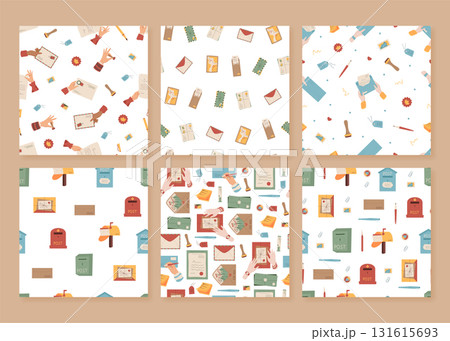 Seamless pattern mail set in flat cartoon graphic style. Letter, envelope, stamp, postcard, mailbox, card, and box combine for creative correspondence. Post theme, colorful pattern perfect for paper, 131615693