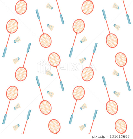 Flat colorful badminton seamless pattern with rackets and shuttlecock. Sport equipment and activity elements repeat in gym workout style. Perfect for fitness, hobby themes, or vibrant textile decor 131615695