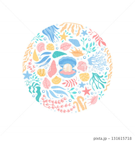 Underwater marine circle design with aquatic life. Vibrant coral, seashell, scallop, and seaweed elements in a round cartoon composition. Ocean concept, perfect for summer themes and aquatic 131615718