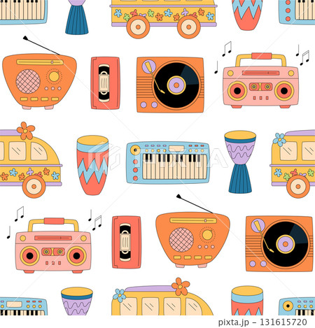 Groovy retro music pattern with seamless background in colorful style. Festival vibe with cassette and record, synthesizer and radio creates y2k atmosphere for creative projects. Groovy retro music pattern with seamless background in colorful style. Festival vibe with cassette and record, synthesizer and radio creates y2k atmosphere for creative projects. 131615720