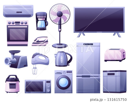 Cartoon home electronics devices. Household appliances, plasma tv, iron, oven and washing machine. Kitchen device, cooler fan, nowaday vector elements 131615750