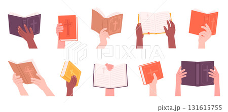 Hands with bible. Human hands holding holy bible, christian religious college, school education. People with book praying, church study racy vector set 131615755