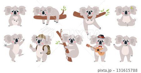 Funny koala. Cute australian animal in different poses. Koala on tree, traveller character, musician. Adorable childish mascot, cartoon classy vector set Funny koala. Cute australian animal in different poses. Koala on tree, traveller character, musician. Adorable childish mascot, cartoon classy vector set 131615788