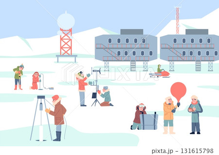 Polar station explorers. Remote shift workers at the north or south pole, a snowy landscape with technical buildings and researchers, recent vector scene Polar station explorers. Remote shift workers at the north or south pole, a snowy landscape with technical buildings and researchers, recent vector scene 131615798