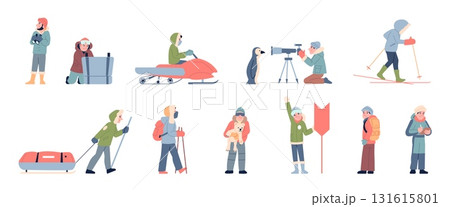 Polar station workers in winter warm outfits. Arctic scientists with binocular, caring of animals. Polar explorers on snowmobile and skis recent vector set 131615801