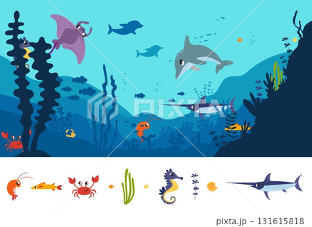 Find elements on underwater location. Children educational game for mindfulness training. Searching sea animals on picture, cartoon ocean vector background 131615818