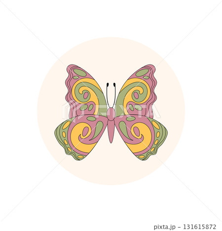 Groovy butterfly sticker with colorful retro label in a funky circle style. Seal box lid with y2k package accent. Modern product detail for unique branding or playful package. Groovy butterfly sticker with colorful retro label in a funky circle style. Seal box lid with y2k package accent. Modern product detail for unique branding or playful package. 131615872