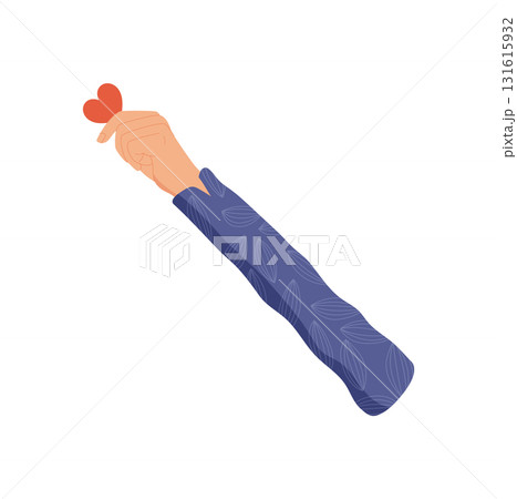 Flat colorful hand holding red heart symbol. Gesture of love, support, and charity. A creative representation of give and aid concept, ideal for charity, nonprofit, community projects. 131615932