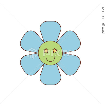 Groovy y2k flower cartoon smiley in blue and yellow with happy and cute style sticker. This playful sticker shows a groovy element as cheerful pop art, ideal for vintage retro inspired projects. 131615939