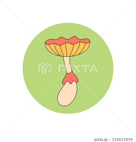 Groovy psychedelic mushroom sticker in retro funky flat style. Colorful circle lid label for y2k product and package. Modern graphic emblem for package seal. 131615954