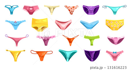Cartoon women underpants. Female underwear, woman underware lingerie sexy panties string thong tanga bikini cheeky panty underclothes girls cartoon set kicky vector illustration 131616223