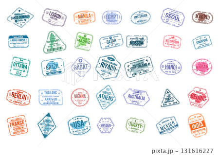 Passport travel stamps. International airport vintage stamp visa passports with country sign frame, journey immigration departure arrival postage label, kicky vector illustration Passport travel stamps. International airport vintage stamp visa passports with country sign frame, journey immigration departure arrival postage label, kicky vector illustration 131616227