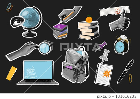 Education halftone collage. Students study concept, retro paper book laptop notebook globe back to school college university cutout sticker set realistic exact vector illustration Education halftone collage. Students study concept, retro paper book laptop notebook globe back to school college university cutout sticker set realistic exact vector illustration 131616235