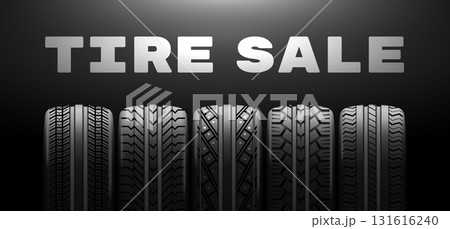 Tire sale. Realistic tires black friday offer banner, car service wheel different tyre discount price auto shop promo advertising dark background 3d poster vector illustration 131616240