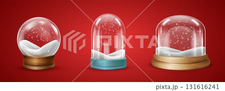 Snow domes. Glass snowball, realistic dome sphere snowglobe merry christmas new year souvenir xmas decoration magic winter holiday globe ball on base 3d set vector illustration Snow domes. Glass snowball, realistic dome sphere snowglobe merry christmas new year souvenir xmas decoration magic winter holiday globe ball on base 3d set vector illustration 131616241