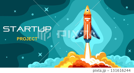 Rocketship startup. Cartoon rocket start up concept, spaceship launch to space sky, business project background spacecraft booster take off with smoke, kicky vector illustration 131616244