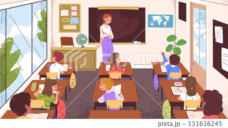 Classroom back view. Teacher at school board teaching lesson for children on class desk, students kids learning study room interior professor chalkboard classy vector illustration 131616245