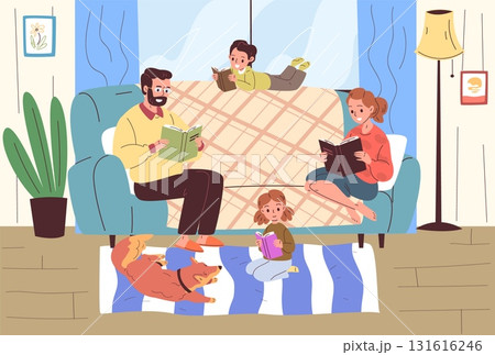 Family reads books. Parents kids read book sitting on sofa home living room interior, leisure time mother father children reading together education, classy vector illustration 131616246