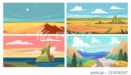 Travel nature landscapes. Touristic panoramic backgrounds set, mountain cliff sea rock summer field meadow desert dunes clouds in sunset sky cartoon scenery vector illustration Travel nature landscapes. Touristic panoramic backgrounds set, mountain cliff sea rock summer field meadow desert dunes clouds in sunset sky cartoon scenery vector illustration 131616247