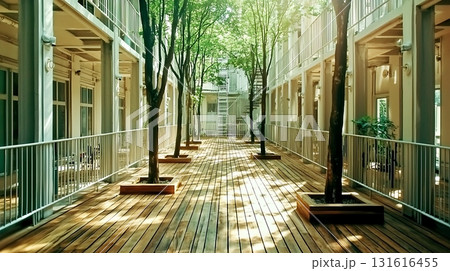 Sunlight Glimmers on Modern Building Facade with Large Windows and Natural Stone Textures 131616455