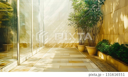 Tranquil Urban Oasis with Glass Walls and Lush Greenery in Modern Architecture 131616551