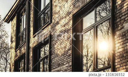 Modern residential building with large windows reflecting nature during sunset Modern residential building with large windows reflecting nature during sunset 131616552