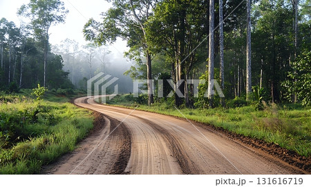 Serene Curved Dirt Road Through Lush Green Forest Surrounded by Misty Morning Atmosphere 131616719