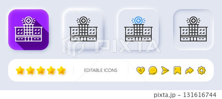 Hospital building line icon. Neumorphic, Flat shadow, 3d buttons. Medical help sign. Line hospital building icon. Social media icons. Vector 131616744