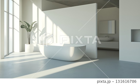 Bright and Modern Bathroom Interior with Freestanding Bathtub and Natural Light Bright and Modern Bathroom Interior with Freestanding Bathtub and Natural Light 131616786