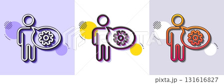 Cogwheel line icon. Halftone dotted pattern. Gradient icon with grain shadow. Engineering tool sign. Man talk symbol. Line cogwheel icon. Various designs. Vector 131616827