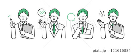 イラスト素材【介護イメージ】：様々なポーズをとる医師の男性・シンプルタッチ 131616884